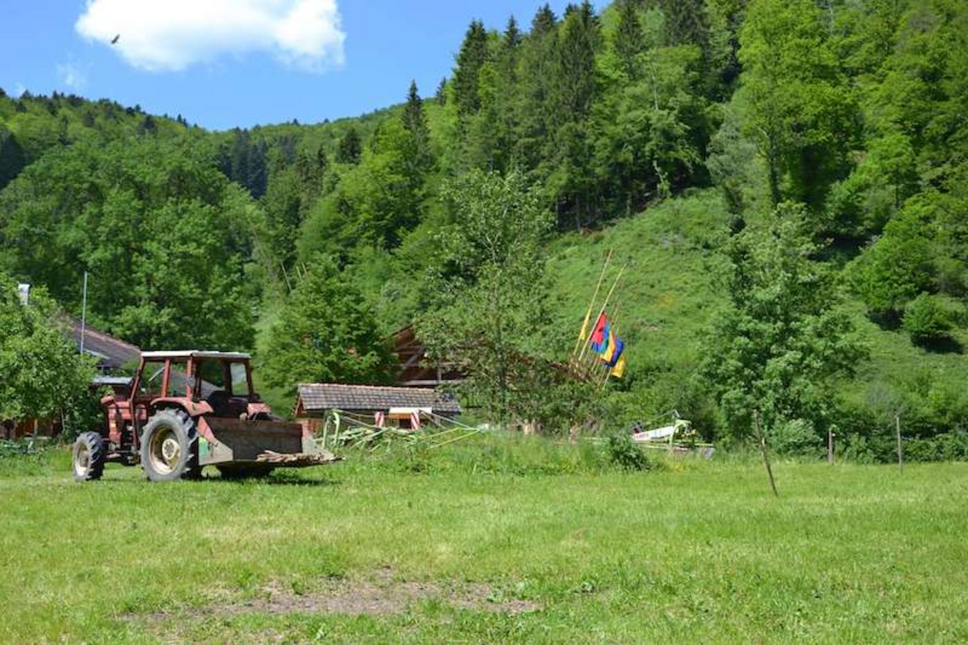Der Demter-Hof Masesslin umfasst 20 Hektaren Ackerland und Wiesen sowie 12 Hektaren Wald. Eine Gemeinschafts-Halle wird gerade gebaut (mit farbigen Fahnen, rechts im Bild). (Bild jsc)