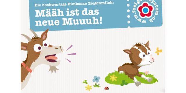 «Mäh ist das neue Muh» – unter diesem Motto bewirbt Hochdorf die neue Bimbosan-Babynahrung aus Ziegenmilch. (Bild Bimbosan)