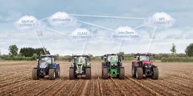 Egal ob New Holland, Claas, John Deere oder Case, sie sind alle bei «Data Connect» mit dabei. Auch noch der Steyr, der auf dem Bild fehlt. (Bild John Deere)