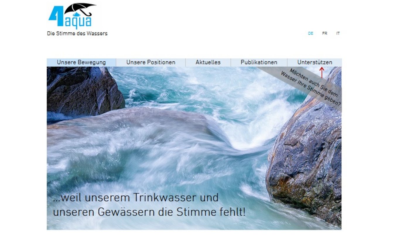 Webpräsenz von «4aqua», einer Organisation, die im Hinblick auf den Abstimmungskampf gegrüdet wurde. (Bild Screenshot)