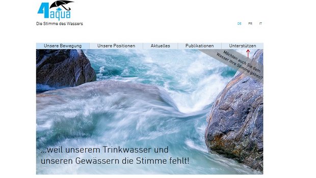 Webpräsenz von «4aqua», einer Organisation, die im Hinblick auf den Abstimmungskampf gegrüdet wurde. (Bild Screenshot)