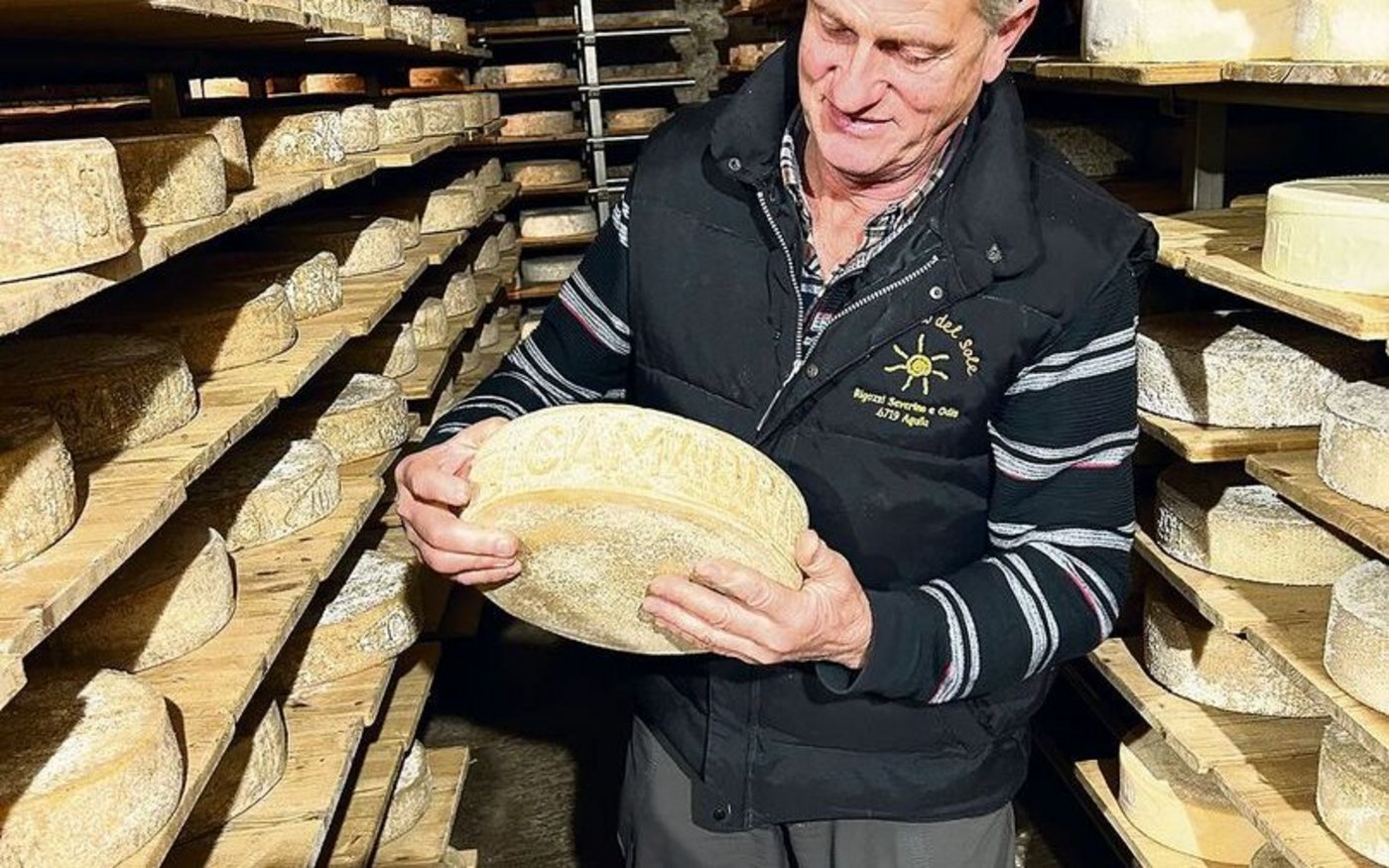 Severino Rigozzi ist stolz auf seinen Käse und präsentiert ihn im Käsekeller, der sich im Nachbarort Dangio befindet. 
