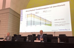 Luzerner Regierung setzt Reduktion der Tierbestände aus Klimagründen zum Ziel Klimaexperte Jürgen Ragaller (links), und Regierungsrat Fabian Peter (rechts) stellten den ambitionierten Absenkpfad für den Kanton vor. (Bild js)