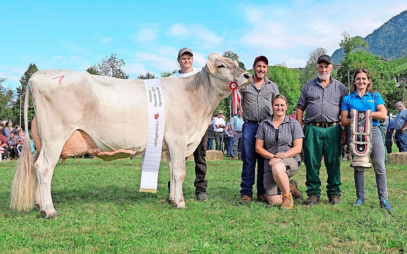 Martina Husistein, Patrick und Vater Richard Risi mit ihrer Braunviehkuh Brawa, die im vergangenen Herbst an der Grossviehschau in Oberdorf Miss Nidwalden wurde.