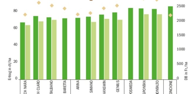 Erträge und DB der getesteten Sorten (ÖLN und Extenso) im Jahr 2018 und 2019.(Quelle Swiss Granum)