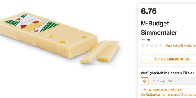 Das Objekt der Diskussion: Switzerland Swiss in der Migros-Budget-Verpackung unter dem Namen «Simmentaler». (Bild Screenshot Migros)
