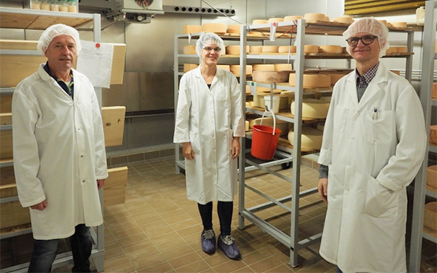 Von links nach rechts: Karl Schafroth, Helena Stoffers, Hans-Peter Bachmann. Die drei Erfinder des neuen Käsereifungsverfahrens im Käsekeller von Agroscope. (Bild Agroscope)