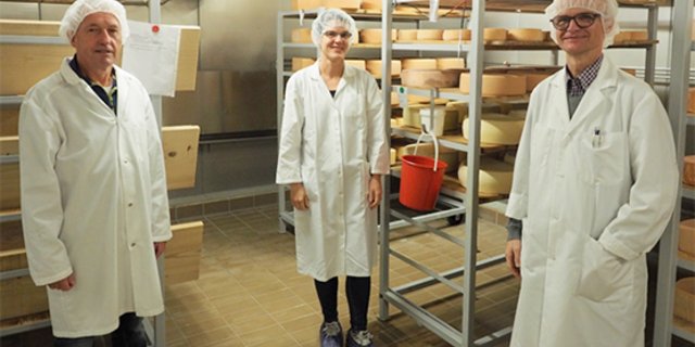 Von links nach rechts: Karl Schafroth, Helena Stoffers, Hans-Peter Bachmann. Die drei Erfinder des neuen Käsereifungsverfahrens im Käsekeller von Agroscope. (Bild Agroscope)