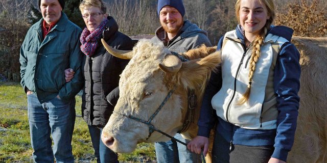 Gut harmonierendes Quartett: Peter und Vreni Gysin mit ihren Nachfolgern Noah Handschin und Manuela Lerch sowie einer der zwanzig reinen Simmentalerkühe im Stall. (Bild akr)