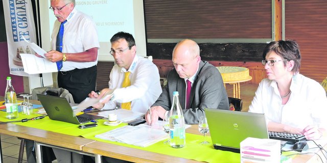 Am Leitungstisch (v.l.n.r): Präsident Oswald Kessler, Direktor Philippe Bardet, Vizedirektor Marc Gendre, Protokollführerin Christine Grandjean. (Bild Josef Jungo)