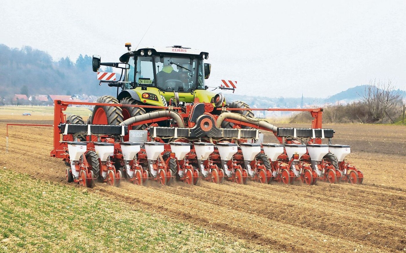 Rolf Rüeger sät hier in Rudolfingen die Zuckerrüben GPS-gesteuert zwölfreihig. Dabei wird jedes Saatkorn millimetergenau in den Boden abgelegt.