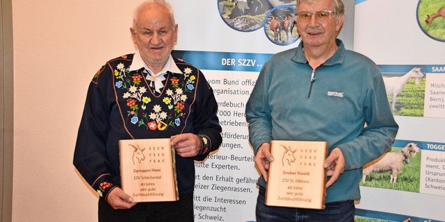 40 Jahre lang als Zuchtbuchführer im Einsatz: Hans Zgraggen (l.) aus Haldi b. Schattdorf UR und Ewald Gruber aus St. Niklaus VS.