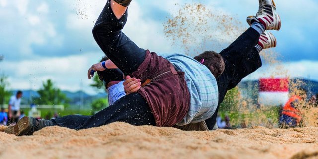 Nächstes Jahr fliegt wieder das Sägemehl. Bis dahin helfen Videos, Musik und Bilder dabei, die Lücke ohne Schwing-Anlässe zu überbrücken. (Bild Eidg. Schwing- und Älplerfest 2019 Zug)