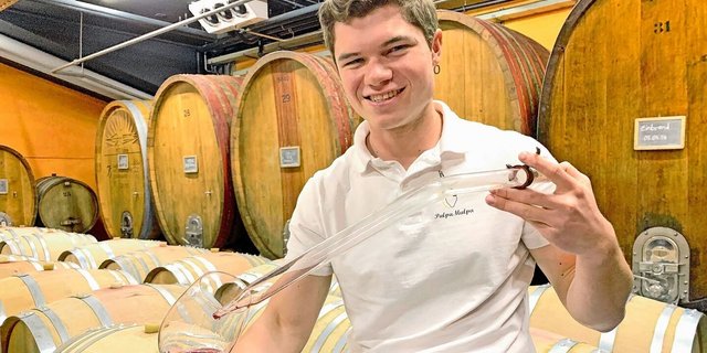 Der 19-jährige Tön Staubli im Weinkeller der GVS in Schaffhausen beim ersten Begutachten eines jungen Weines aus dem Holzfass.