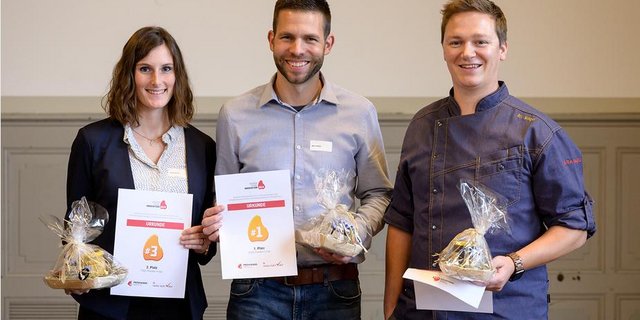 Die drei Sieger des Innovationswettbewerbs zur Weiterverabeitung von Fleischnebenprodukten: v. l. n. r. Nicole Amrein, Marcel Müller und Urs Wenger. (Bilder Proviande)