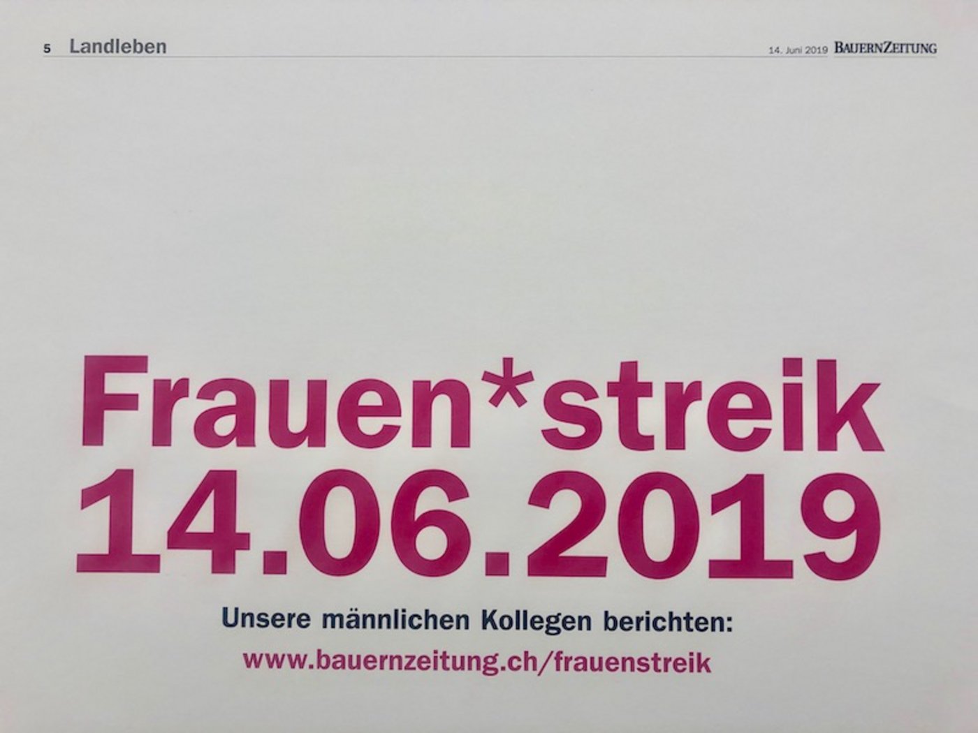 2019 sind beim nationalen Frauenstreik auch Bäuerinnen dabei. Die BauernZeitung schreibt und berichtet darüber. (Bild et)