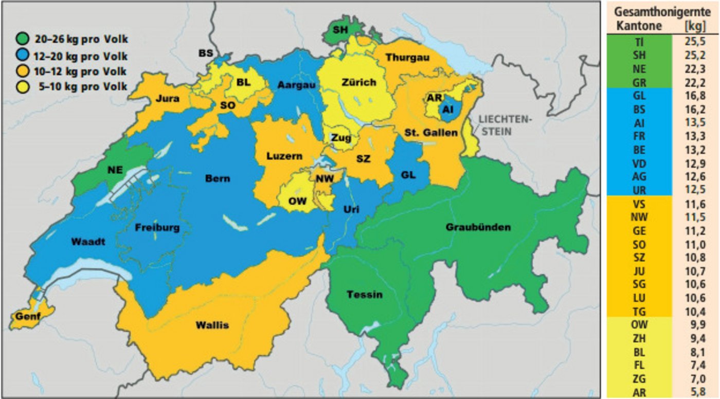 Die Honigernte 2019 fiel regional verschieden aus. Insgesamt gab es in höheren Lagen bessere Erträge (Grafik Schweizerische Bienen-Zeitung 11/2019)) 