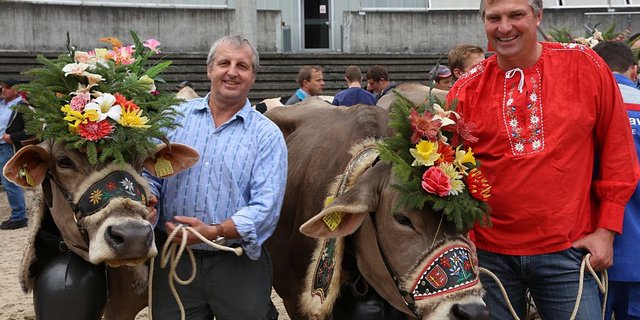 Mit schön geschmückten Leistungskühen und prächtigen Treicheln bereit für den Umzug durch die Stadt St. Gallen: Moritz Bachmann aus Littau-Luzern (links) und Josef Elmiger aus Hohenrain. (Bild: Erika Rebsamen)