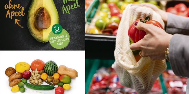 Plastik-Alternativen: Eine natürliche Zusatzschicht um Avocados namens «Apeel», Mehrweg-Netze  oder ein Laser-Tattoo auf Früchten und Gemüse (Smart Branding). (Bilder Edeka/Keystone)