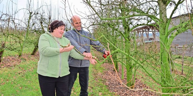 Gemeinsam arbeiten: Susanne und Andreas Hedinger beim Schneiden der Obstbäume. 