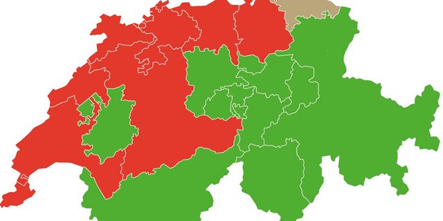 Die Abstimmungsresultate zeigen deutliche Unterchiede zwischen dem Mittelland und den Bergkantonen, wo die Revision des Jagdgesetzes begrüsst worden wäre (grün). Im Kanton Thurgau ergab sich ein glattes Unentschieden. (Bild BauZ)