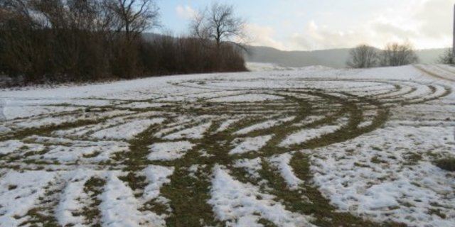 Auf dem schneebedeckten Feld sind die Spuren der Driftfahrt gut zu sehen. (Bild Kapo AG)