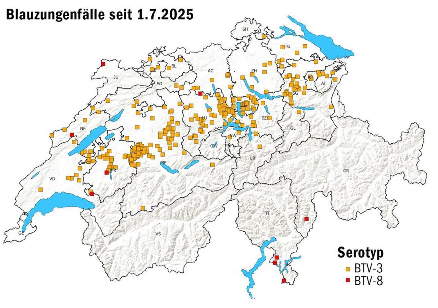 Die aktuelle Karte des BLV zeigt, die Blauzunge hat das Mittelland erreicht. Derzeit tritt in erster Linie der Serotyp 3 auf.