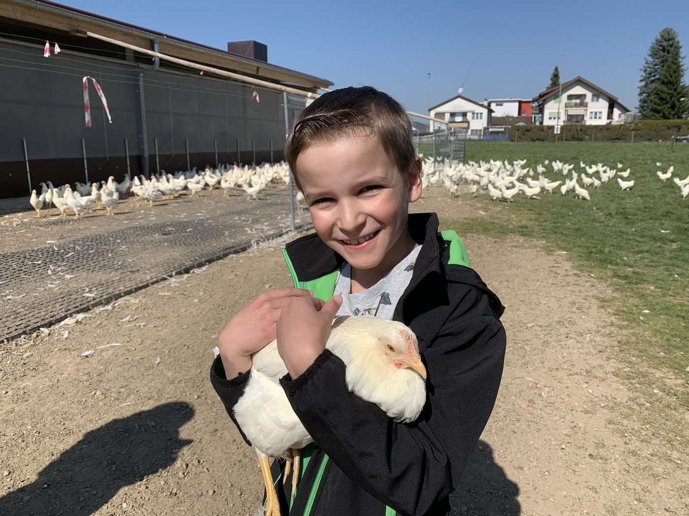 Tim hat ein Huhn auf dem Arm.
