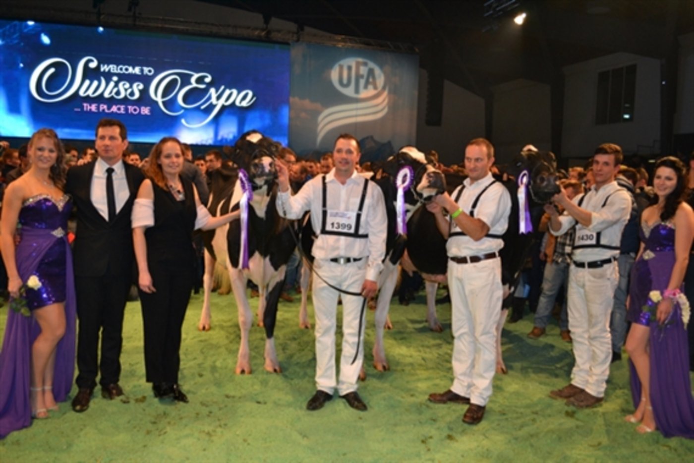 Die Grossen Sieger (v.r.n.l.): Supreme Champion und Grand Champion bei den Holstein, DH Gold Chip Darling von Roger Frossard und Yves Saucy aus Les Pommerets. Reserve Grand Champion bei den Holstein: Du Bon Vent Inkapi von Alle Beltramino, Bag2, Al Be Ro, Bach und Sarreri aus Italien. Honorable Mention Holstein: Pozosa Goldwyn Sonia, Alle Beltramino, Bag2, Al Be Ro, Bach und Sarreri aus Italien. (Bild Peter Fankhauser) 