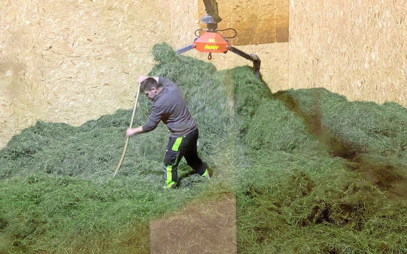 Meistens ist das Heu auf dem Heustock nicht gleichmässig verteilt. Feuchtes liegt neben oder auf schon getrocknetem Dürrfutter. Umschichten –  sei es mit dem Greifer oder der Heugabel – beschleunigt die Heutrocknung. 