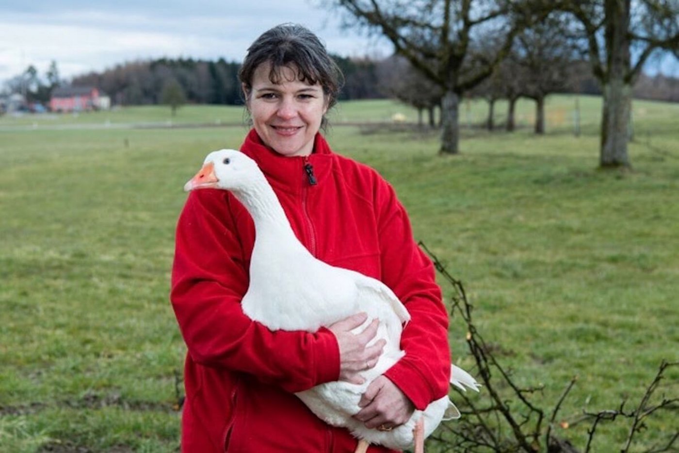 Astrid Spiri aus Neukirch an der Thur und eine ihrer Diepholzer Gänse. (Foto: Marion Nitsch)