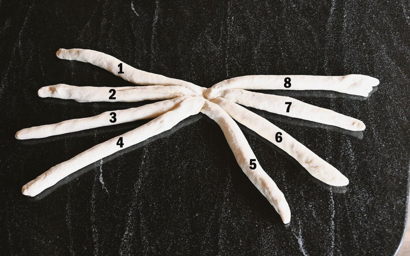 Teig zu 8 gleich langen Strängen formen. 4 Stränge links und 4 Stränge rechts hinlegen, dabei die Enden gut zusammendrücken. 