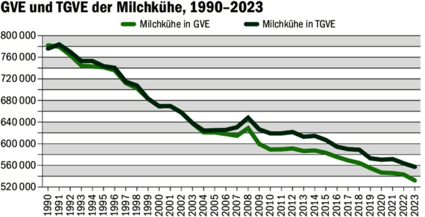 Bis zu einer Milchleistung von 6000 kg war eine Kuh sowohl eine GVE als auch eine DGVE. Ab 2003 war das nicht mehr der Fall.