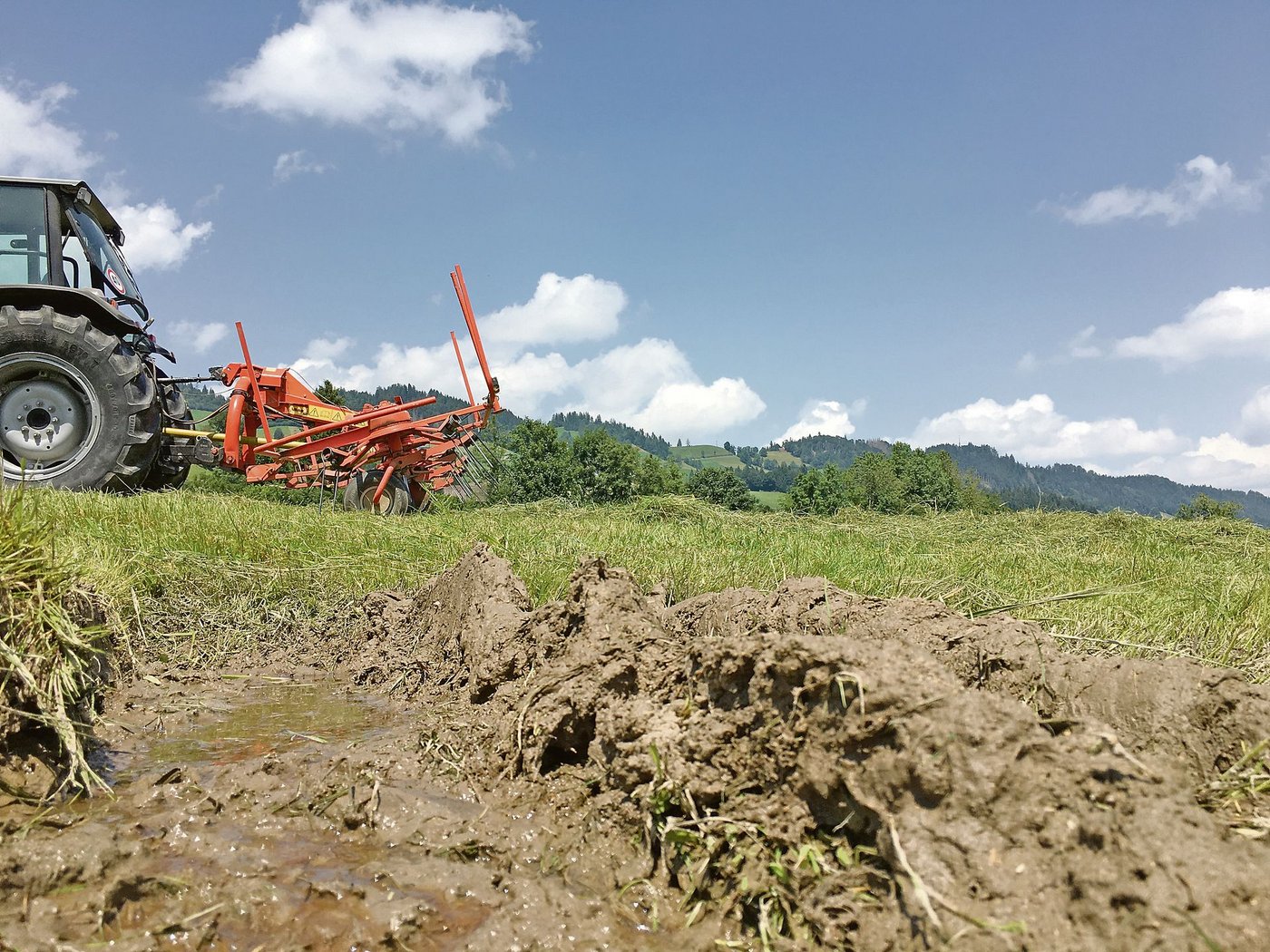 Der Dauerregen war für diese Drainage zu viel des Guten. Futterbaulehrer empfehlen, die Flächen nach Nässeperioden abzuräumen, zum Wohle von Grasnarbe und Boden.  (Bild aem)