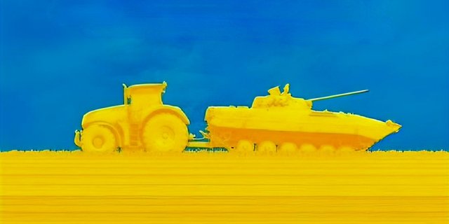 Zeichnung eines Traktors, der einen russischen Panzer abschleppt.