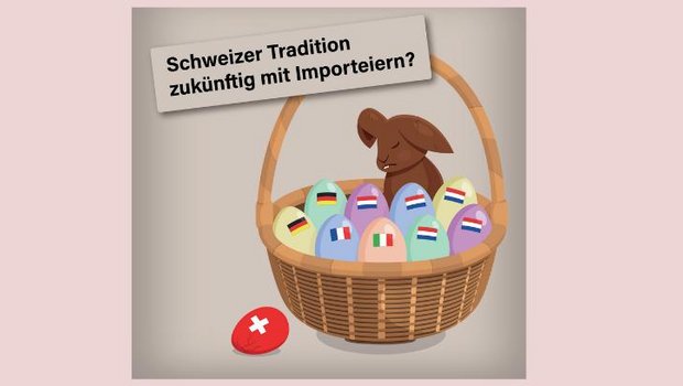 Ein armer Osterhase, der wegen sinkender Inlandproduktion mehr ausländische Eier bringen muss. So sieht das Sujet von Gallo Suisse im Abstimmungskampf gegen die TWI aus. (Bild Gallo Suisse)