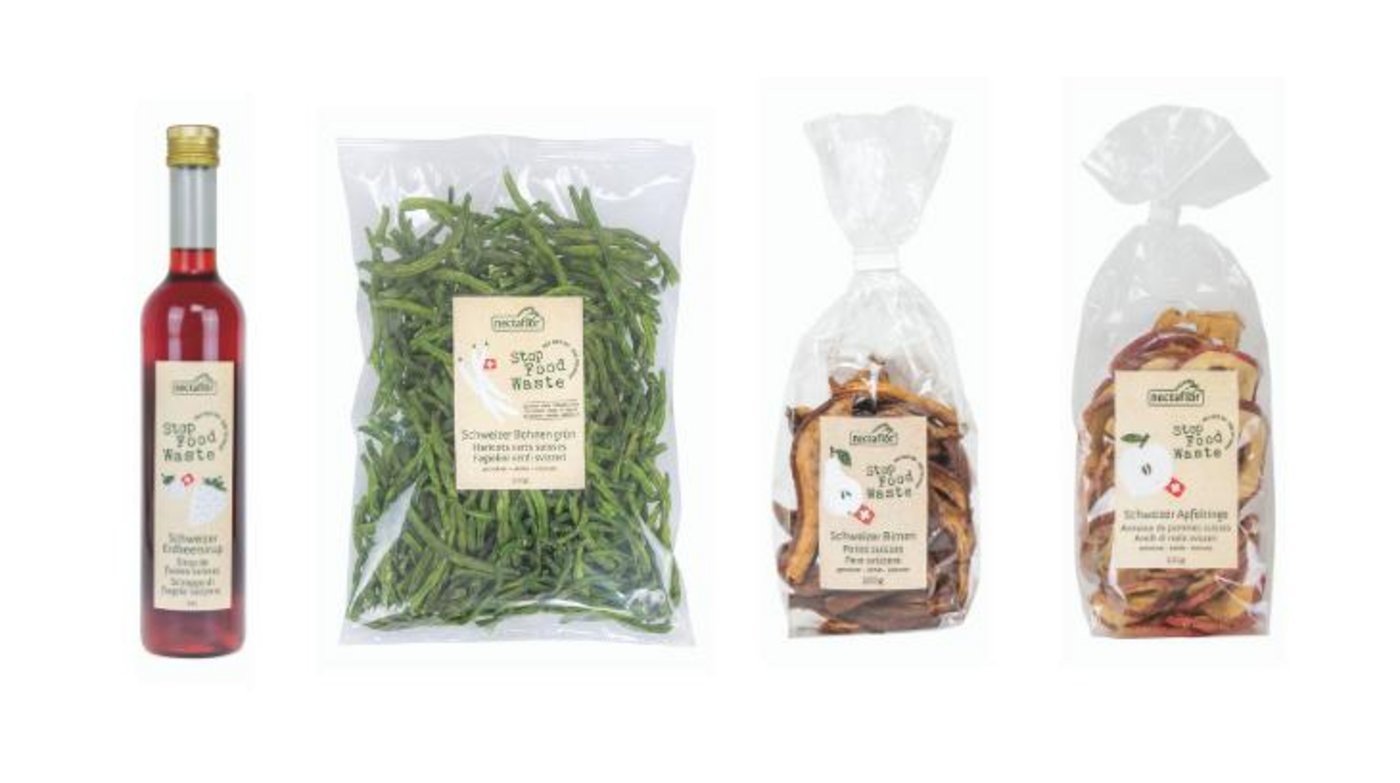 Aktuell gibt es unter der Marke nectaflor «Stop Food Waste – hilf auch Du!» Erdbeersirup, Dörrbohnen, getrocknete Äpfel und Birnen. (Bilder Narimepex)