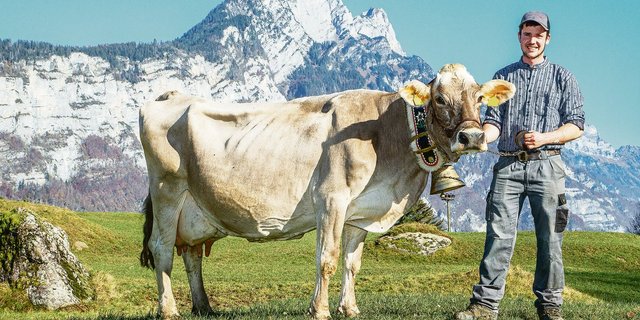 Roland Kamms Sohn Mirco  und Torello Veronica, die die Marke von 100 000 kg Milchleistung geknackt hat. (Bild Braunvieh Schweiz)