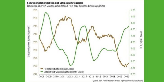 Jetzt ist es soweit. Der Schweinezyklus hat sich nach den zwei guten Jahren 2019 und 2020 ins Negative für die Produzenten gewendet. Die Produktion steigt an, der Preis sinkt. (Grafik BauZ)