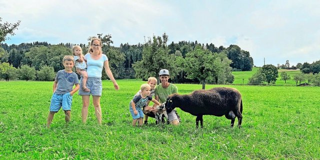 Reto Greminger (ganz rechts kniend) und Andrea Greminger (Mitte stehend) mit ihren Kindern Dario, Dian, Leano und Alina schätzen die Zutraulichkeit der Engadinerschafe. 
