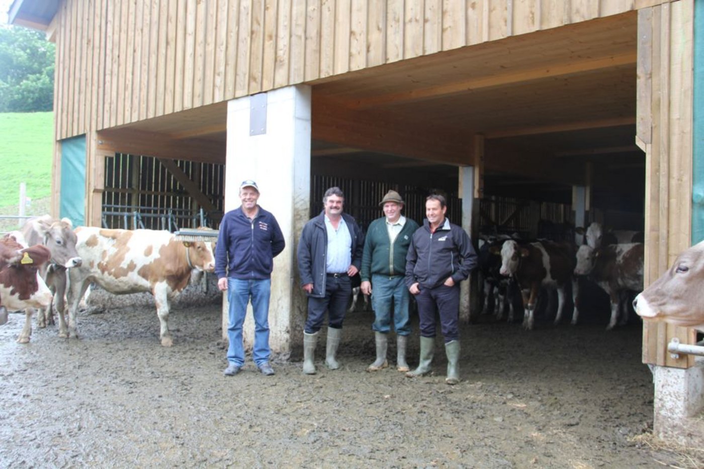 Sind stolz auf den neuen Weidestall: Markus Stamm (v.l.n.r), Andreas Schnetzler, Heiri Roth und Bernhard Suter. (Bild: Christian Weber)
