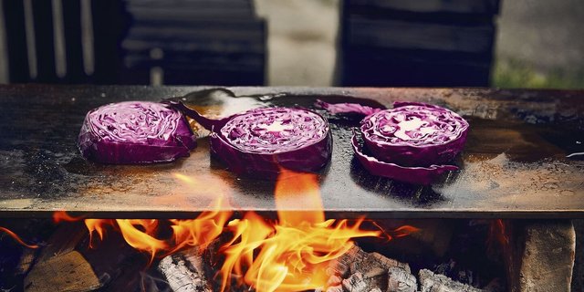 Es muss nicht immer eine Wurst und der Grillrost sein. Auch Gemüse eignet sich hervorragend zum Feuerkochen, zum Beispiel in dicke Scheiben geschnittener Chabis. 