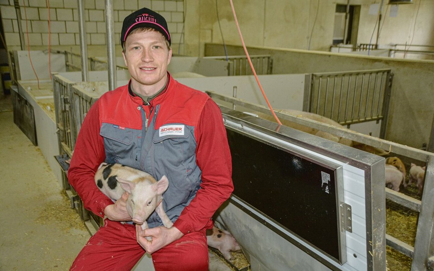 Junglandwirt und Agronom Simon Bernhard im Abferkelzimmer. Dort hat es Platz für 40 Sauen aus einem AFP-Ring, die Ferkel werden alle auf dem Betrieb ausgemästet.