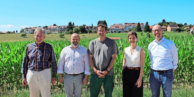 Stellten das Projekt vor: Wolfgang Sturny, Swiss No-Till; Daniel Imhof; David Jaccoud; Aude Jarabo, Agroimpact; Eugenio Simioni (v. l. n. r.).