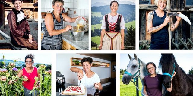 Die Teilnehmerinnen der 14. Staffel der Landfrauenküche (v. l. n. r.): Barbara Matter, Vreni Häberli, Maya Baer, Ilona Thétaz, Anita Estermann, Marianne Dietrich, Eveline Villiger. (Bilder Ueli Christoffel/SRF)