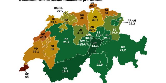 Die durchschnittliche Zahl der Milchkühe, die auf Betrieben gehalten werden schwankt im Kantonsvergleich stark. (Grafik: mi, Quelle: BLW, Daten Milchproduktion 2020)