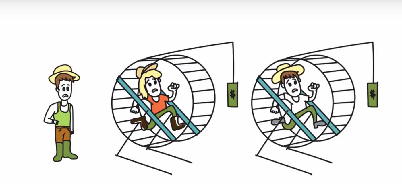 Statt Bauern im Hamsterrad, die dem Geld nachrennen (müssen), wünscht sich die Kleinbauern-Vereinigung eine vielfältige Landwirtschaft mit vielen kleinen Höfen statt grossen, einseitig wirtschaftenden. (Bild Screenshot Erklärvideo Kleinbauern-Vereinigung)