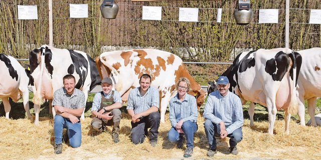 Christine und Jürg Streit (rechts) mit ihren Helfern. Auf dem Bild die Zuchtfamilie der Kuh Arrow Donau, welche nach 2017 schon zum zweiten Mal präsentiert werden konnte. Dieses Jahr reichte es für 80 Punkte, was die Klasse A bedeutete.
