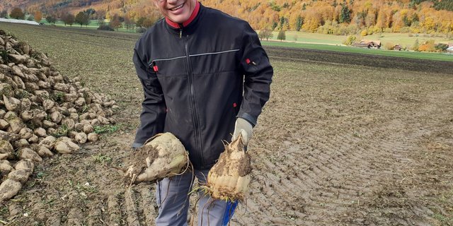 Auch KWS-Mitarbeiter bauen SMART BELAMIA Zuckerrüben an, etwa Beta Wyss zusammen mit ÖLN-Partner Hans Hofer, der auf dem Bild ihre Rüben präsentiert.  (Bild zVg)