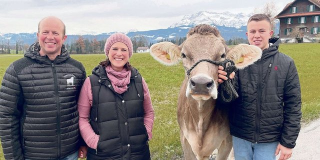 Thomas und Luzia Bucher setzen auf OB und BS. Manuel Bucher präsentiert OB-Kuh Livana. Die junge Altmelk wird auch an der Lucerne-Expo zu bestaunen sein. 
